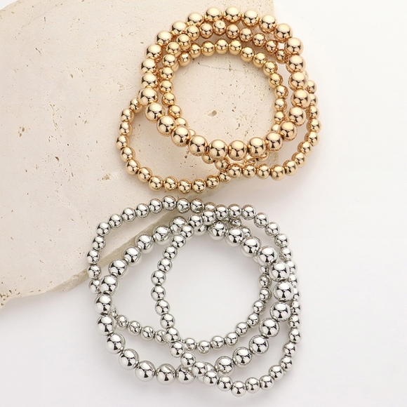 Silver MultiLayered Metal Ball Beaded Stretch Bracelet Casual Simple 3 Pcs - Picture 2 of 4